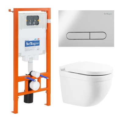 Комплект 4 в 1 Унитаз подвесной BelBagno SENSO-R BB017CHR с сиденьем BB865SC + Система инсталляции для унитазов BelBagno BB002-80 с кнопкой смыва BB005-PR-CH