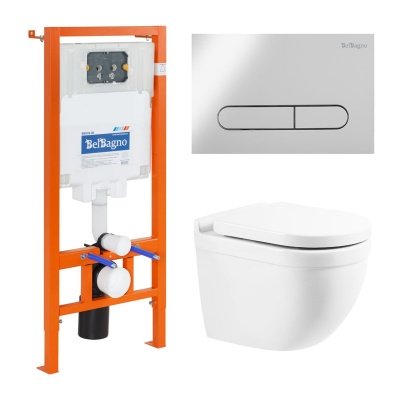 Комплект 4 в 1 Унитаз подвесной BelBagno SENSO-R BB017CHR с сиденьем BB865SC + Система инсталляции для унитазов BelBagno BB002-80 с кнопкой смыва BB005-PR-CH