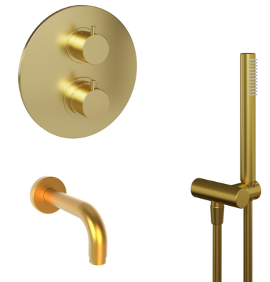 Комплект на 2 потребителя с термостатом Cox PAINI, для ванны с ручным душем, брашированное золото PVD