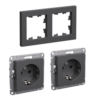 Рамка 2 поста Systeme Electric ATLASDESIGN, базальт, ATN001402 с 2мя розетками в комплекте ATN001443