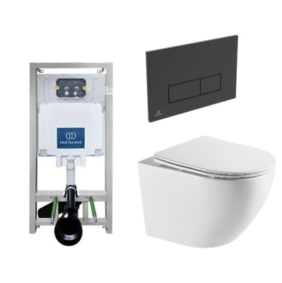 Инсталляция Ideal Standard ProSys Eco Frame 2.0 RU и Унитаз Azario Grado 490 смыв "Торнадо", безободковый (AZ-0046-UQ3), клавиша черная