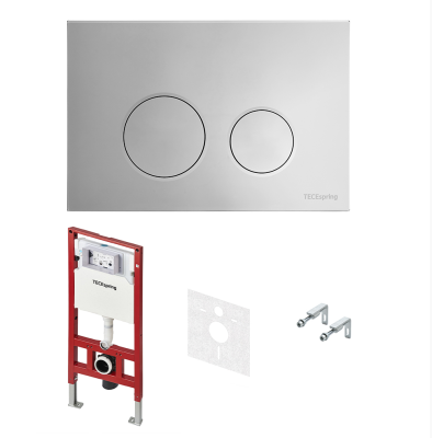 Комплект для установки подвесного унитаза: застенный модуль TECEspring, пластиковая панель смыва TECEspring LT, хром глянцевый