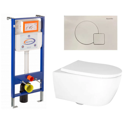 Инсталляция Aquanika Basic с кнопкой белой, с унитазом AZARIO Nemi AZ-1293WH безободковый, Торнадо