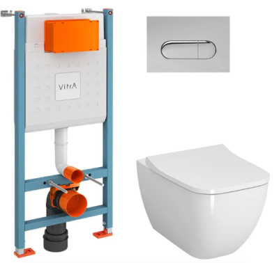Инсталляция с унитазом VitrA Shift (Шифт) 9855B003-7206 комплект 4 в 1 с сиденьем микролифт безободковый Rim-ex (Рим-экс) цвет клавиши хром