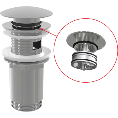 A392C ДОННЫЙ КЛАПАН СИФОНА ДЛЯ УМЫВАЛЬНИКА CLICK/CLACK 5/4", ЦЕЛЬНОМЕТАЛЛИЧЕСКИЙ С ПЕРЕЛИВОМ И БОЛЬШОЙ ЗАГЛУШКОЙ