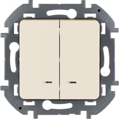 Выключатель двухклавишный с подсветкой/индикацией Legrand Inspiria для скрытого монтажа, цвет "Слоновая кость", номинальный ток 10 А, напряжение ~250В
